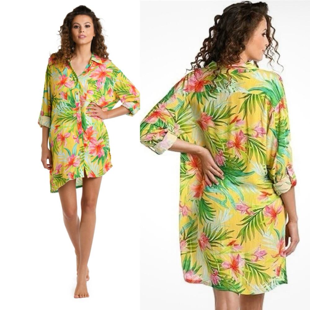 La Blanca Calypso Bloom Camp Shirt Tropical Print XS swim Cover Up Resort wear